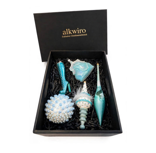 Aqua Kollektion 5er Luxus Box Tiffany Blue - exklusiver Christbaumschmuck aus Glas mundgeblasen handbemalt in Schwarz Box