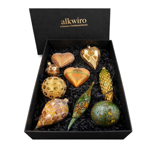 Weihnachtskugel Set Gold Grün 9er in schwarzer Alkwiro Geschenkbox - Goldene Herzenswärme