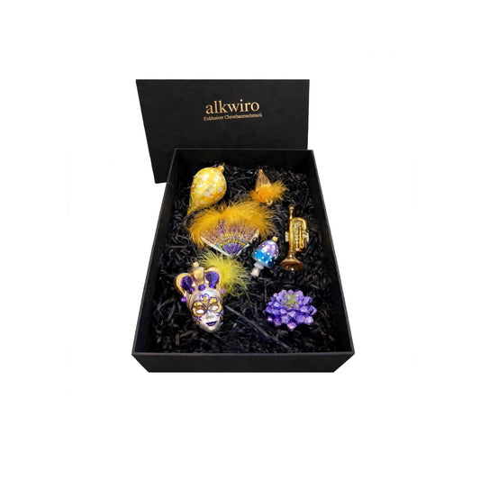 Weihnachtskugel Set Karneval Venezianisch 7er in schwarzer Alkwiro Box - mit Maske Feder Trompete