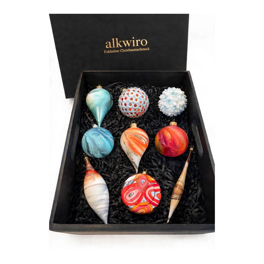 Weihnachtskugel Set Türkis Orange Rot 9er Glas mundgeblasen handbemalt Atlantis Kollektion Luxus Black Box offen - Alkwiro