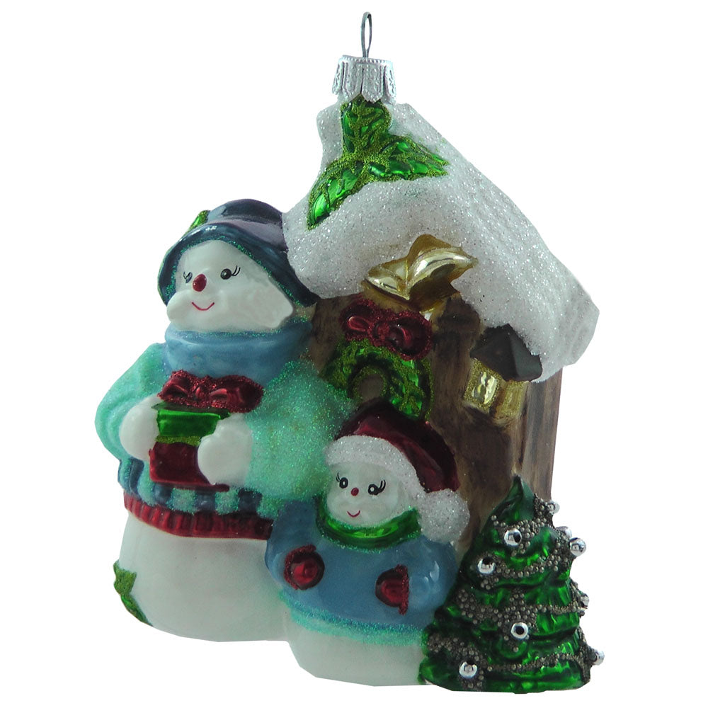 Schneemänner vor dem Vogelhaus Christbaumschmuck Glas Weihnachtsbaumanhänger