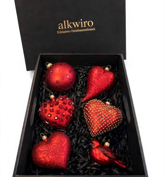 Amore Kollektion – 6er Luxus Box Rot Gold | Christbaumschmuck aus Glas