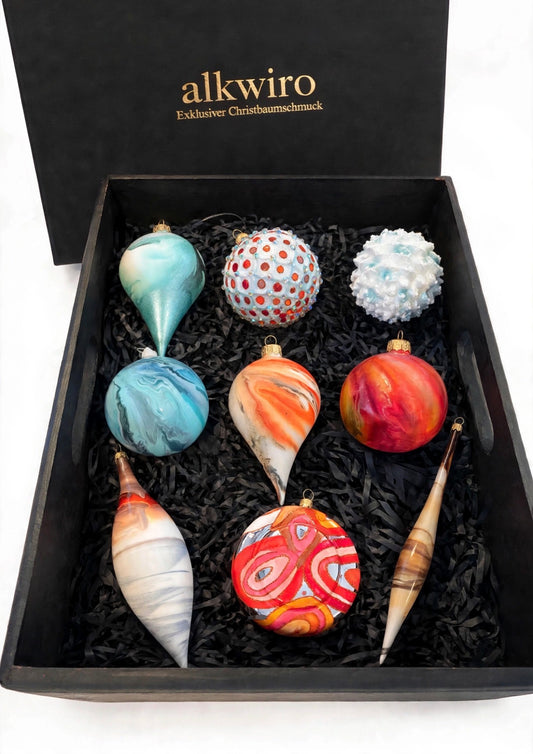 Atlantis Kollektion – 9er Luxus Box Türkis Orange Rot | Christbaumkugel aus Glas