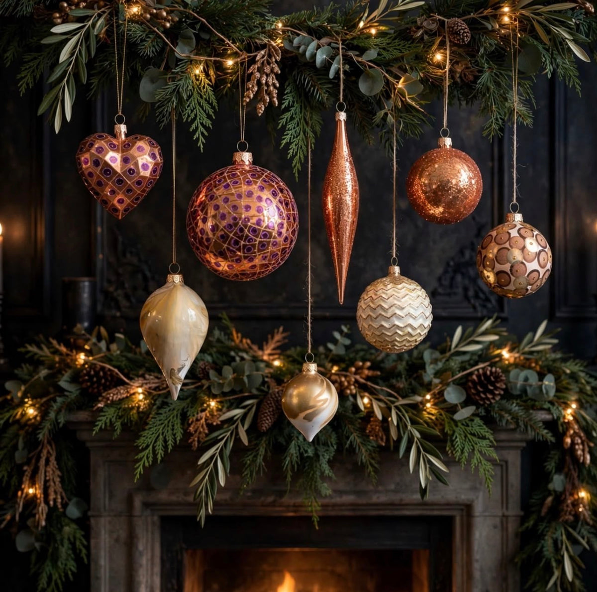 Golden Elegance Inspiration - Kupfer und gold Christbaumkugeln Set am Kamin mit Tannengirlande und Lichterkette - Exklusiver Weihnachtsschmuck