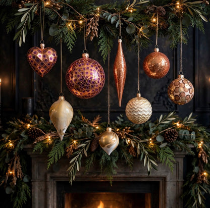 Golden Elegance Inspiration - Kupfer und gold Christbaumkugeln Set am Kamin mit Tannengirlande und Lichterkette - Exklusiver Weihnachtsschmuck