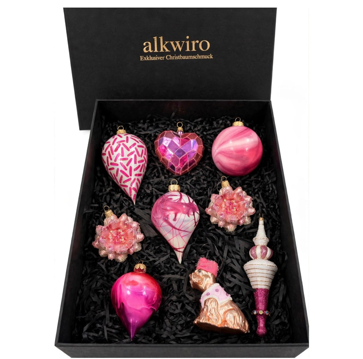Rosa Fantasie 9er Luxus Box Original Alkwiro - Pinke Christbaumkugeln Set mit Herz Hund Tropfen Blüte in schwarzer Box