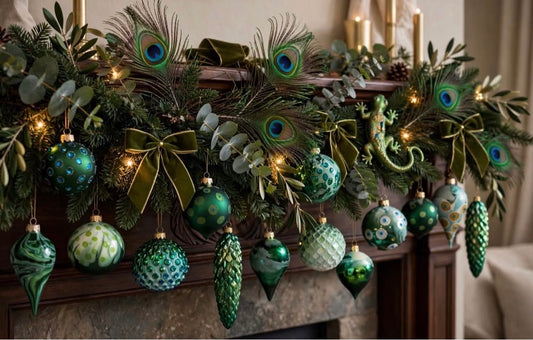 Smaragdgruen Pfau Inspiration lang - Gruene Christbaumkugeln mit Pfauenfedern Samt Schleifen und Lichterkette am Kamin - Alkwiro Weihnachtsdekoration