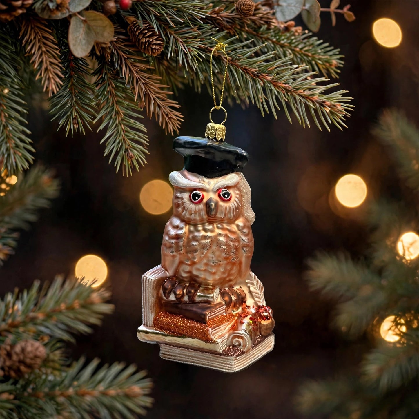 Weise Eule Christbaumschmuck am Weihnachtsbaum hängend  Mundgeblasen Glas