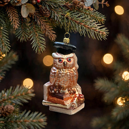 Weise Eule Christbaumschmuck am Weihnachtsbaum hängend  Mundgeblasen Glas