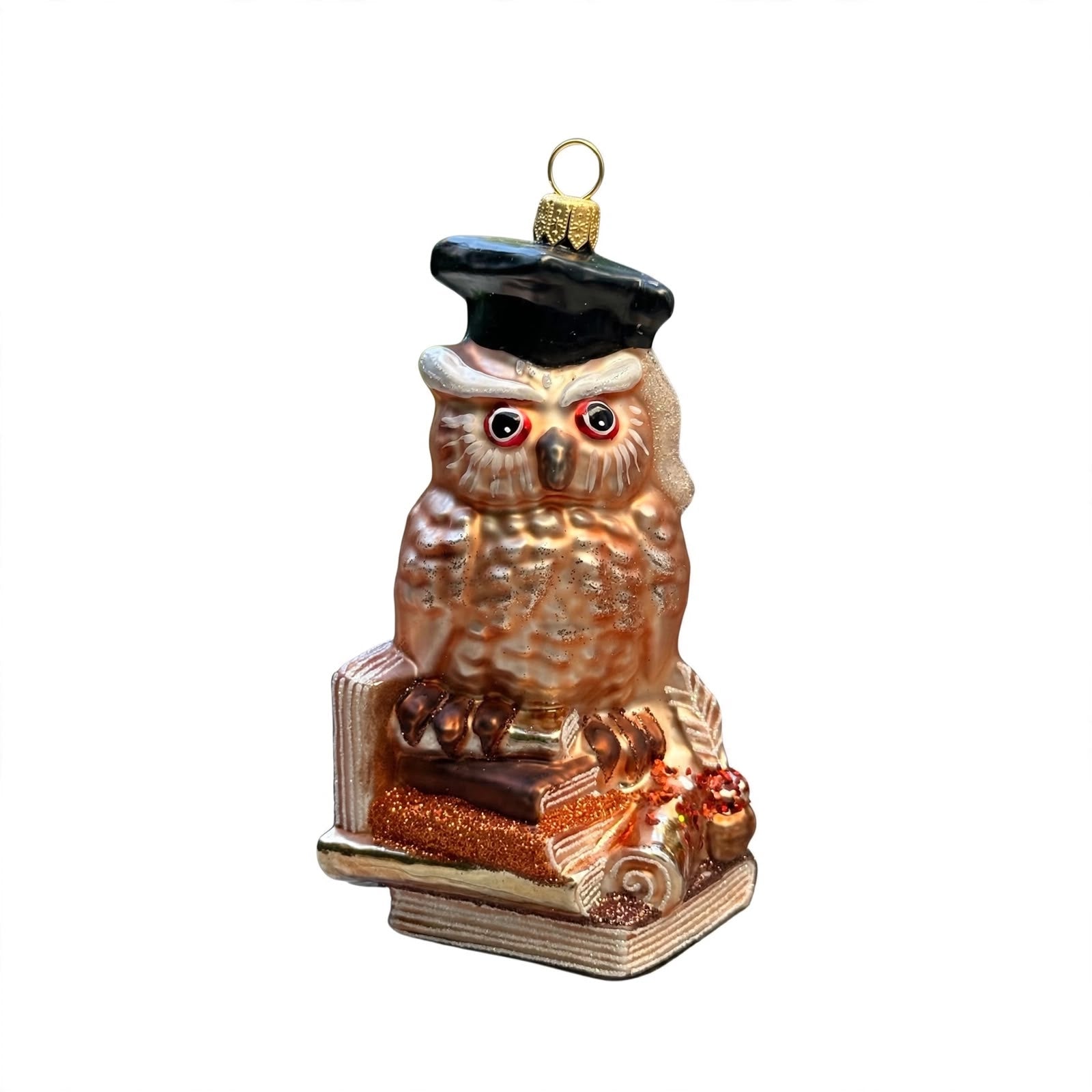 Weise Eule Glas Weihnachtskugel mit Doktorhut  von vorne