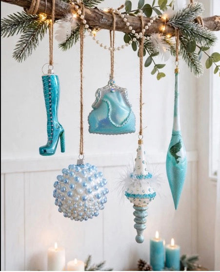 Aqua Kollektion 5er Christbaumschmuck Box Tiffany Blue - mundgeblasene Glasornamente Stiefel Handtasche Kugel am Ast dekoriert