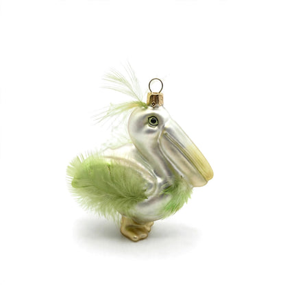 Pelikan Grün mit echter Feder Glas-Vogel 11cm mundgeblasen