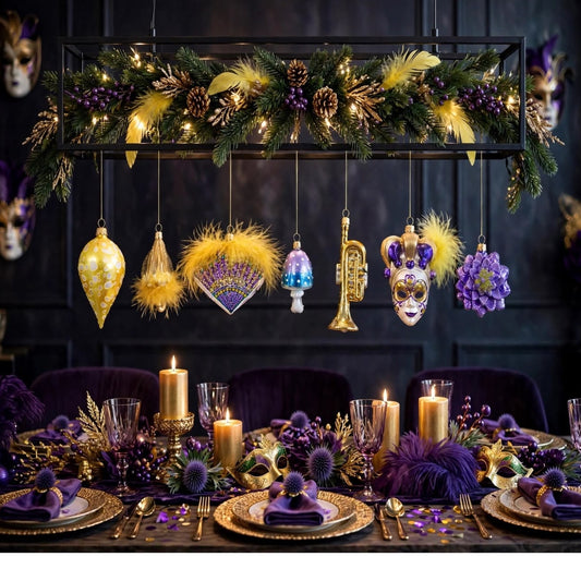 Weihnachtskugel Set Karneval Venezianisch Lila Gold 7er mit Maske und Trompete - Alkwiro