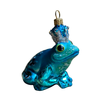 Froschkönig Christbaumschmuck Glas Türkis 9cm Seitenblick